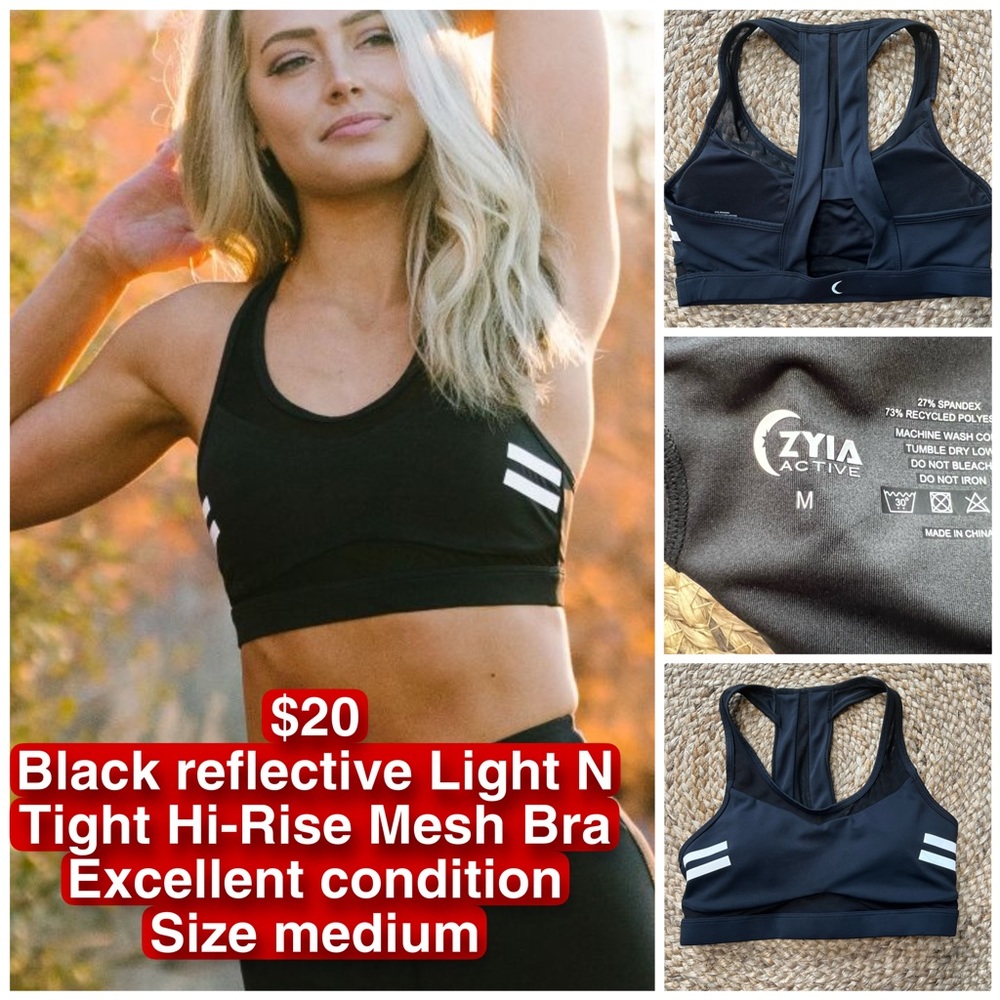 EUC ZYIA Black Reflective Light N Tight Mesh Bra